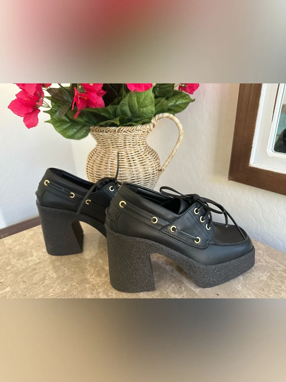 Stella McCartney Black Platform Lace-Up Shoes with Gold Eyelets Size EU 38/ US 8